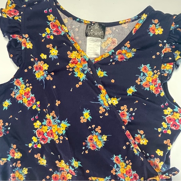 Pink & Violet Girls 10/12 Navy Blue Floral Faux Wrap Dress PRELOVED - Picture 4 of 8
